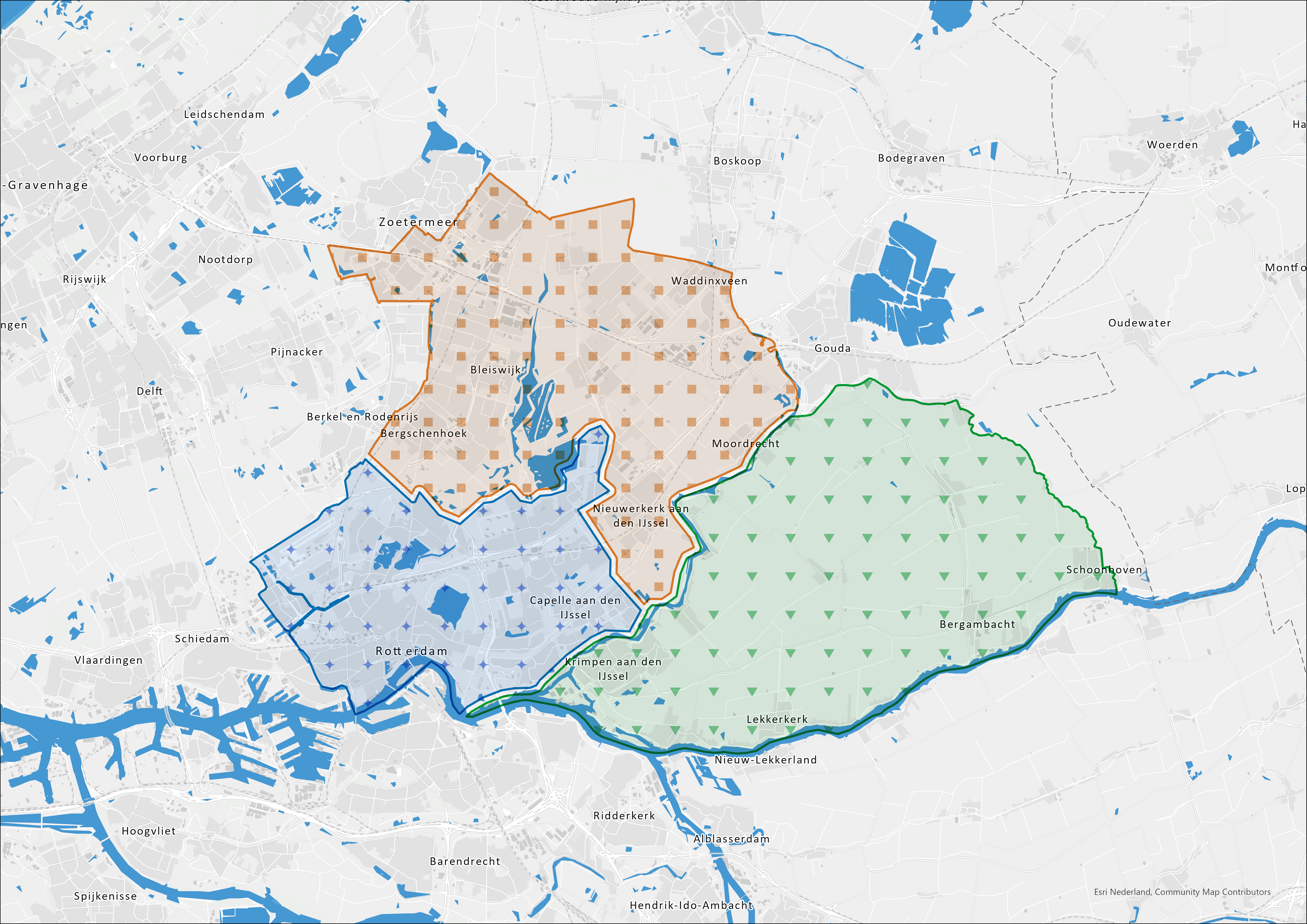 De drie gebieden: Zuidplas en Lansingerland, Rotterdam en Capelle aan de IJssel, Krimpenerwaard en Krimpen aan den IJssel