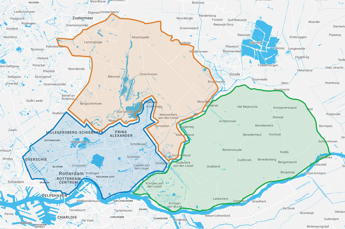 De drie gebieden: Zuidplas en Lansingerland, Rotterdam en Capelle aan de IJssel, Krimpenerwaard en Krimpen aan den IJssel